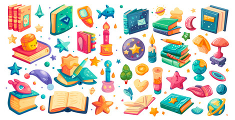 Childish book education and imagination elements, cartoon adorable study stuff for cute school kid girl learning story reading books textbook candle pencil vector illustration - 799938152