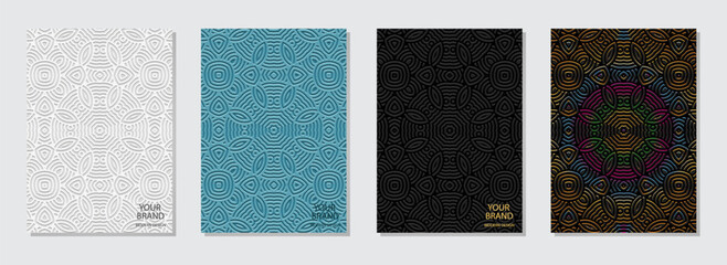 Set of covers, vertical unique templates. A collection of relief, geometric backgrounds with ethnic linear 3D patterns, with handmade ornaments. Boho motifs of the East, Asia, India, Mexico, Aztec, Pe