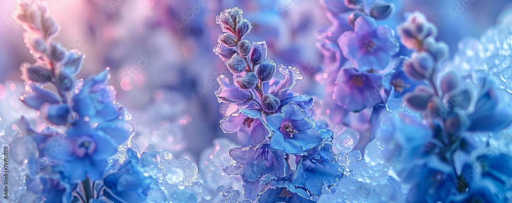 Wall mural abstract art with frozen purple and blue larkspur delphinium flowers in ice