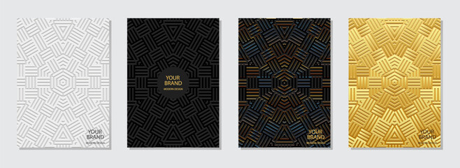 Set of covers, vertical abstract templates. A collection of relief, geometric backgrounds with an ethnic 3D pattern in the style of the Greek meander ornament. Boho motifs of the East, Asia, India