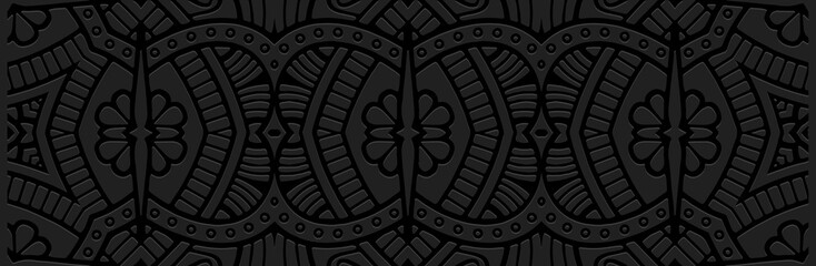 Banner. Embossed geometric luxury vintage 3D pattern on black background. Ornaments, ethnic cover design, handmade. Boho motifs, unique exoticism of the East, Asia, India, Mexico, Aztec, Peru.