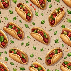 Seamless pattern of zesty burritos stuffed with rice, beans, and flavorful meats, Generative AI