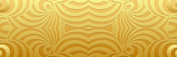 Banner. Relief geometric gold linear 3D pattern on a gold background. Ornamental cover design, handmade. Boho motifs, unique exoticism of the East, Asia, India, Mexico, Aztec, Peru.