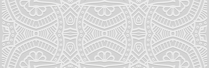 Banner. Embossed geometric luxury elegant 3D pattern on white background. Ornaments, ethnic cover design, handmade. Boho motifs, unique exoticism of the East, Asia, India, Mexico, Aztec, Peru. - obrazy, fototapety, plakaty