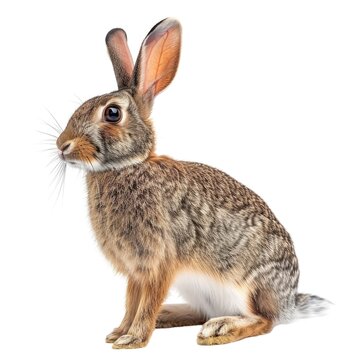Eastern Cottontail rabbit standing side view isolated on white background, photo realistic.