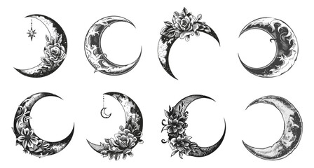 Crescent tattoo silhouette, night moon flowers ornament vintage abstract art spiritual feminine emblem lunar ebb and flow astrology engraving set isolated vector illustration - 799938918