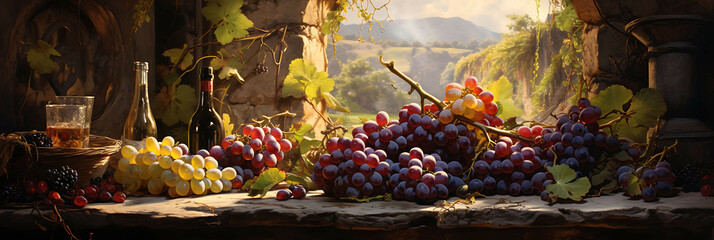 A bunch of grapes hanging from a vine, with a few grapes fallen on the ground, and a wine bottle nearby, in a rustic setting.