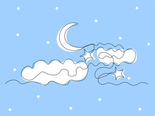 The moon is in the sky in the clouds,Logo, continuous single line art hand drawing sketch