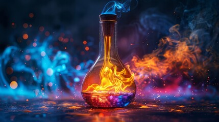 A laboratory flask containing a bubbling chemical reaction, demonstrating chemical processes in science - obrazy, fototapety, plakaty