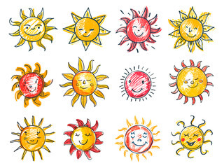 Doodle childish suns, child hand drawn funny sun rays colour pencils sketch sunny cute mascot colorful hot weather red yellow abstract art set isolated vector illustration - 799939105