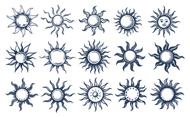 Doodle suns icons, hand drawn sun with rays sketch sunshine sunbeam sunlight solar weather vintage drawing on map old tattoo set isolated vector illustration - 799939341