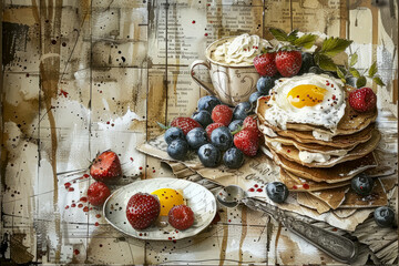 Painting depicting breakfast with scrambled eggs, pancakes, and berry dessert. Generative AI.