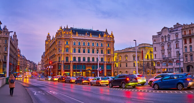 Evening Lajos Kossuth Street, on March 3 in Budapest, Hungary