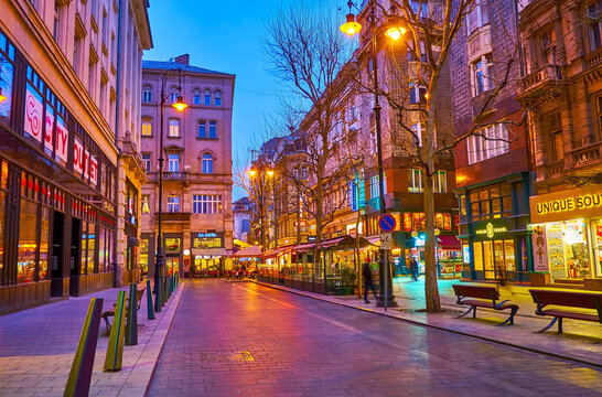 Evening Vaci Street, on March 3 in Budapest, Hungary