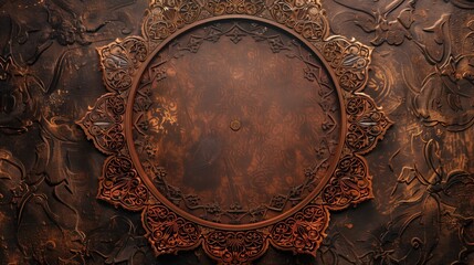 Elegant ornate bronze frame on a textured dark brown background, featuring detailed filigree designs. - obrazy, fototapety, plakaty