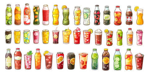 Fizzy soda drinks in different bottles cans and glasses, craft or industrial refreshing drink fruit juice lemon sugar ice cubes cola lemonade set cartoon vector illustration - 799939579