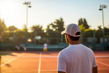 Generative AI illustration of focused tennis player on court ready for important championship league match