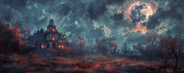 Obraz na płótnie Canvas Spooky Haunted House with a Full Moon Sky. Eerie Halloween Background with a Derelict Mansion.