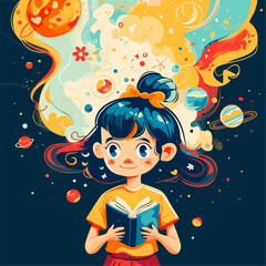Girl fantasy book imagination, cartoon little reader with fairy tale books story in space galaxy planet background, female storytelling library concept vector illustration - 799939766