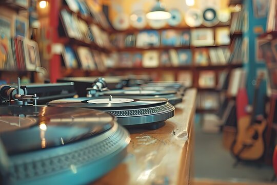 Interior of a music store featuring turntables vinyl records and wooden shelves. Concept Music Store, Turntables, Vinyl Records, Wooden Shelves, Interior Design