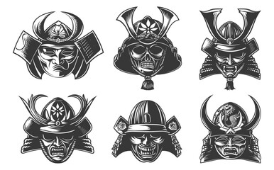 Japanese warrior helmets monochrome set, samurai demon face mask japan fighter black head vintage logo print vector illustration - 799939902