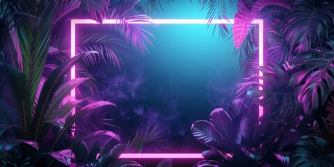 Obraz premium Tropical Plants Illuminated with Green and Purple Fluorescent Light. Exotic Environment with Square shaped Neon Frame.