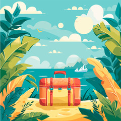 Journey concept, touristic suitcase on sand sea beach with leaves paradise island sky cloud background, tour baggage at ocean seacoast cartoon scenery vector illustration