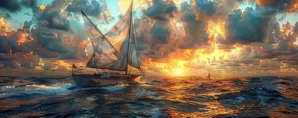 scenic view of sailboat with wooden deck and mast with rope floating on rippling dark sea against cloudy sunset sky