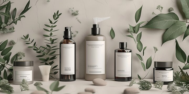 Skincare Product Template with Natural Elements. Cosmetics with Blank Product Labels.
