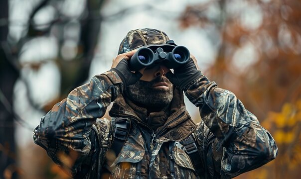 A man in full camouflage stands looking through binoculars while bowhunting - Powered by Adobe