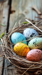 Naklejka na ściany i meble Easter eggs in the nest on wooden background