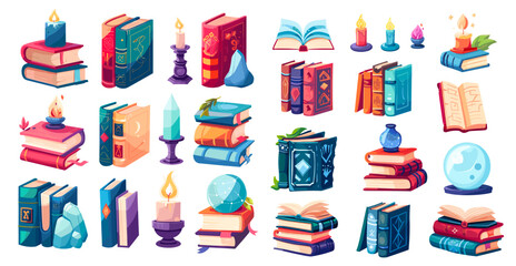 Magic book stack, magician library cartoon paper old books, candles witch crystals for witchcraft education, fantasy rpg game antique fairy tale literature set vector illustration - 799940597
