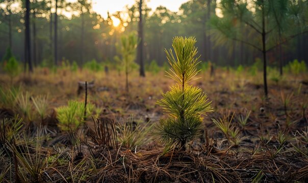 A seedling longleaf pine grows in a clearing among a managed longleaf pine forest in Francis Marion National Forest, South Carolina
