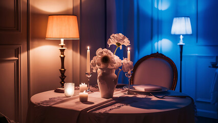 Elegant room interior with design , wooden coffee table, commode and classical furniture blue lighting, photo
