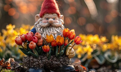 Garden gnome with long white beard planting Spring flowers