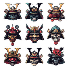 Samurai helmet tattoo, japan warrior head face in military mask of evil demon japanese or skull, angry fighter vintage sketch engraving set vector illustration - 799941711