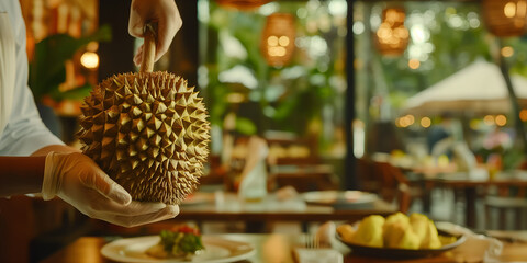 Obraz premium Chef presenting a durian in a restaurant setting, suitable for culinary and gourmet topics