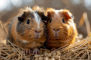 A pair of affectionate guinea pigs sharing a mound of fresh hay and crunchy vegetable pellets.
