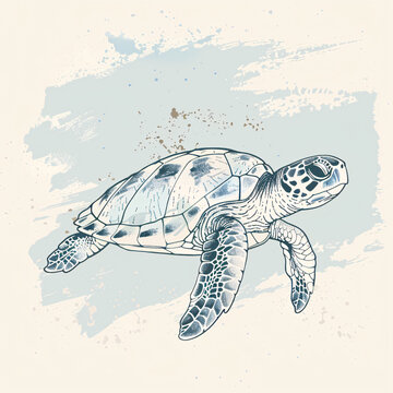 a detailed Vintage Style illustration of a sea turtle is set against a soft, neutral background