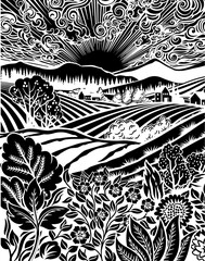 Rolling hills, fields and farm or vineyards background illustration. Wild flowers, plants in foreground. Forests, mountains in background. In intage retro woodcut or lino print or linoleum cut style