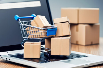 shopping cart and boxes with laptop, online shop business
