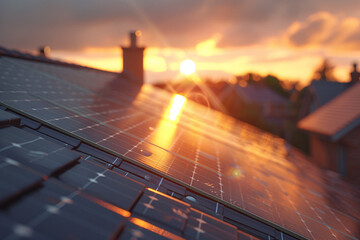 Solar panels on rooftops at sunset with sun peeking over house - obrazy, fototapety, plakaty