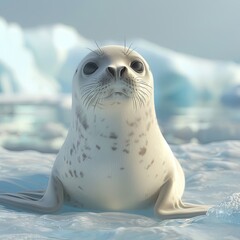 Cute 3Drendered seal on a pastel cream ice floe, suitable for arctic animal education, high definition, closeup , macro