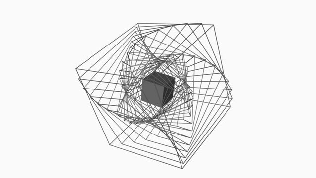 Stepwise rotation of wireframe cubes on white background. Seamless loop