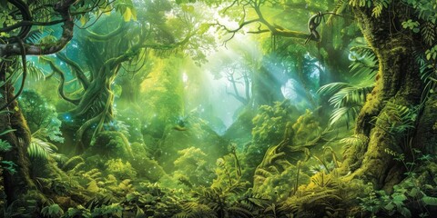 Mystical Forest Scene with Graceful Fairies and Ancient Trees
