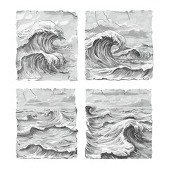 Sketch waves drawings on old vintage paper, scribble doodle hand drawn pencil sketch sea storm ocean wave splash engraving artwork set vector illustration