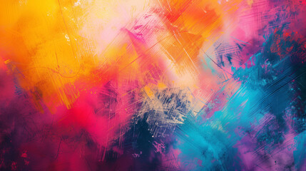 Vibrant abstract painting with bold brush strokes and a mix of orange, pink, and blue hues.