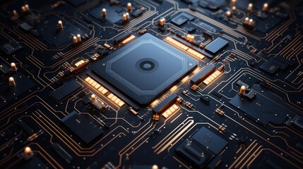 Futuristic computer circuit board with microchip