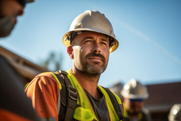 Fototapeta premium Generative AI picture Portrait of construction worker wearing a protective safety uniform clothes helmet at big building
