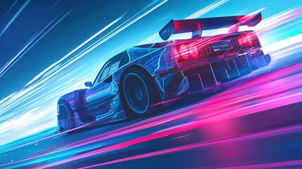 Red Sports Car On Neon Highway. Powerful acceleration of a supercar on a night track with colorful lights and trails. 3d illustration ,Generative ai